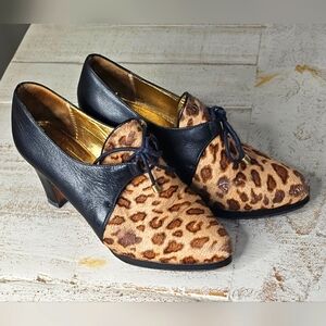 Vintage Leopard Print and Black Women's Heels Size 8